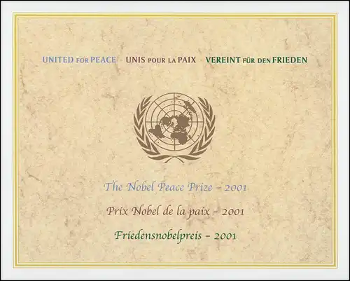 Klappkarte UNO New York 888 Friedensnobelpreis 2001 an die UNO, Kleinbogen **