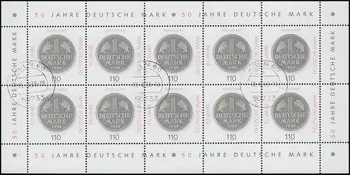 1996 50 Jahre Deutsche Mark - 10er-Bogen, gestempelt KÖLN 19.8.1998