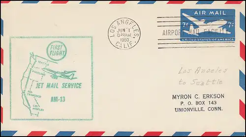 Erstflug FIRST FLIGHT AM-13 JET MAIL SERVICE: Los Angeles 1.6.60 n. Seattle 1.6.