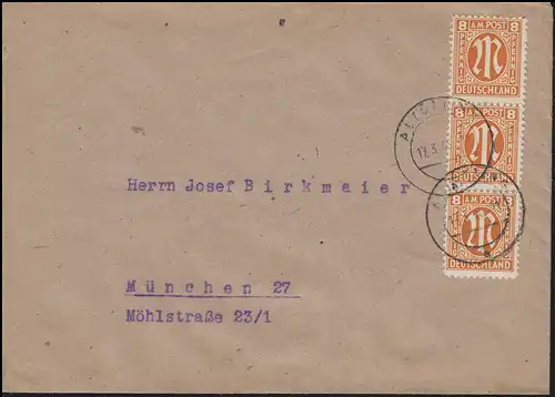 AM-Post 3x8 Pf. Fern-Brief Kreszentiaheim ALTÖTTING 17.3.46 nach München