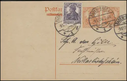 Carte postale 119A Germania 7 1/2 + 7/2 avec Germania 15 Pf BADEN-BADE 9.12.20