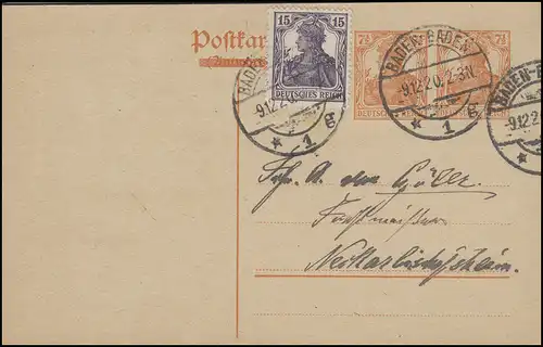 Postkarte 119A Germania 7 1/2 + 7 1/2 mit Germania 15 Pf BADEN-BADEN 9.12.20