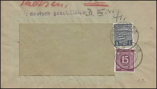 81 Wappen 1 Pf mit 921 Ziffer 15 Pf. lila, MiF auf Brief BERNBURG 29.3.46