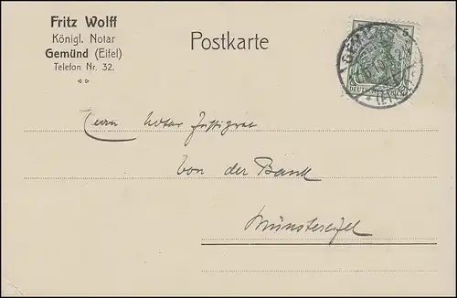 Germania 5 Pf. EF Carte postale Königl. Notar Fritz Wolff GEMÜND / EIFEL 17.6.10