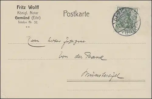 Germania 5 Pf. EF Postkarte Königl. Notar Fritz Wolff GEMÜND / EIFEL 17.6.10