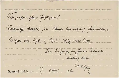Germania 5 Pf. EF Carte postale Königl. Notar Fritz Wolff GEMÜND / EIFEL 17.6.10