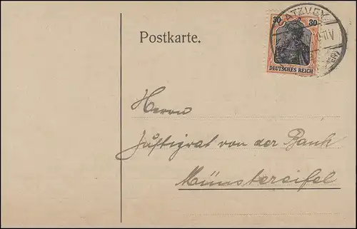 Germania 30 Pf. EF Postkarte Bürgermeister in SATZVEY 21.8.20 nach Münstereifel