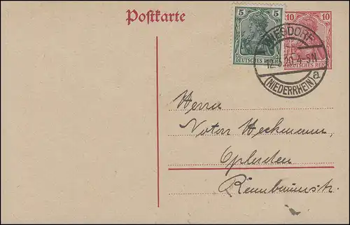 Postkarte P 107I mit Zusatzfr. von WIESDORF (NIEDERRHEIN) a 12.3.20 nach Opladen