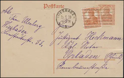 Postkarte P 110I mit 99 Germania von WIESBADEN 1b - 5.1.20 nach Opladen