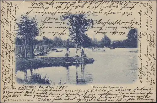Ansichtskarte Dortmund - Teich an der Buschmühle, gelaufen 24.8.1900