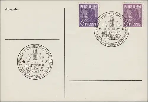 2mal 944 Pflanzer Farben auf Blanko-Karte SSt MÜNCHEN Esperanto 17.5.1948