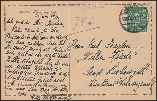 Ansichtskarte Nationalgalerie BERLIN 30.6.1923 portogerecht nach Bad Liebenzell