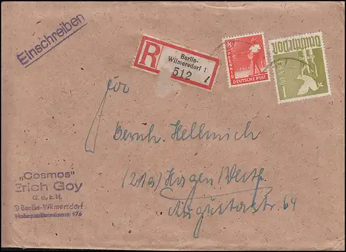 945+959 Kontrollrat II 8 Pf + 1 M portogerechter R-Brief von Berlin nach Hagen