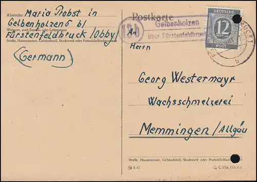 Landpost 13b Gelbenholzen über FÜRSTENFELDBRUCK 16.5.47, Postkarte EF mit 12 Pf