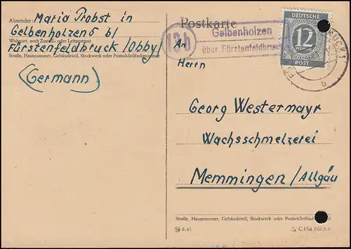 Payspost 13b Bois jaunes sur FÜNSTENFELDBRUCK 16.5.47, carte postale EF 12 Pf