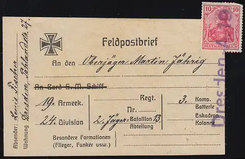 Poste de champ Dresde A 19 sur le colis avec Germania 10 Pennig