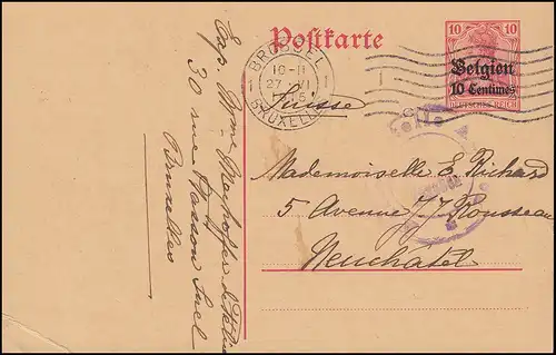 Censure Belgique Carte postale P 2 de BRUXELLES 27.6.15 à Neuchatal / Suisse