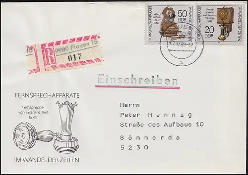 DDR 3227-3228 Fernsprechapparate MiF auf R-FDC Not-R-Zettel PLAUEN 15 -  7.2.89