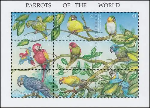 St. Vincent 3053-3061 Papageien RARROTS OF THE WORLD ZD-Kleinbogen 1995, **