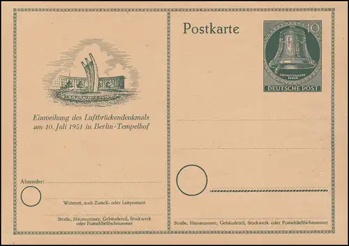 P 24 Lüftbrückendenkmal Glocke 10 Pf 1951, ungebraucht **, kleine Mängel