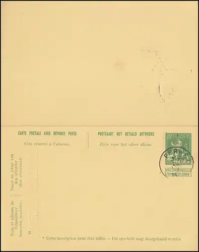 Belgien Postkarte P 54 Wappenlöwe Doppelkarte, Gefälligkeitsstempel PERWEZ 1914