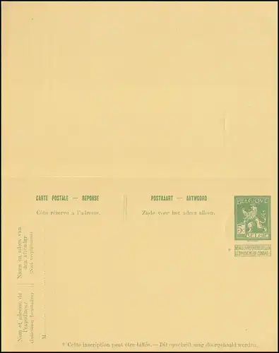 Belgique Carte postale P 54 Armoiries Double carte, cachet de complaisance PERWEZ 1914