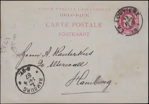 Belgien Postkarte P 21 König Leopold aus LA LOUVIERE 13.4.87 nach HAMBURG 14.4.
