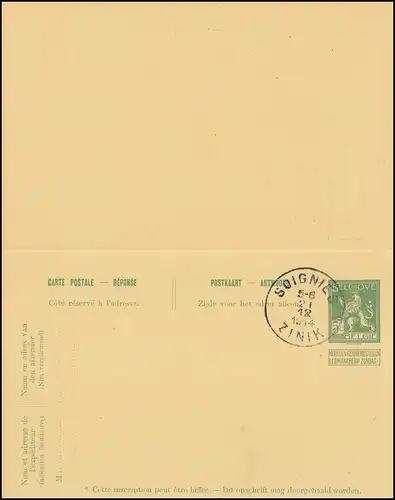 Belgien Postkarte P 54 Wappenlöwe Doppelkarte Gefälligkeitsstempel SOIGNIES 1914