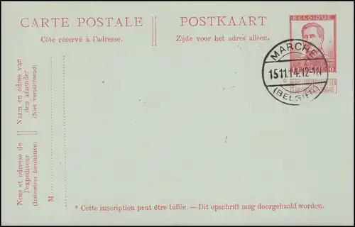 Belgien Postkarte P 63 König Albert Gefälligkeits-O MARCHE (BELGIEN) 15.11.14
