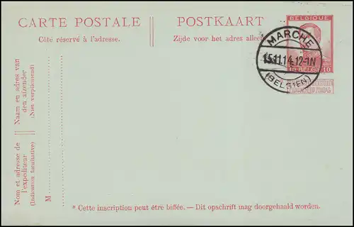 Belgien Postkarte P 63 König Albert Gefälligkeits-O MARCHE / BELGIEN 15.11.1914