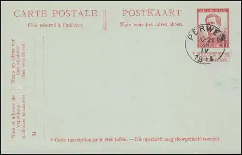 Belgien Postkarte P 63 König Albert Gefälligkeitsstempel PERWEZ 28.4.1914