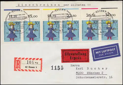 574 Puppen: 6er-Oberrand-Streifen mit Farbbalken R-Eil-Luftpost-Brief ESSt Essen