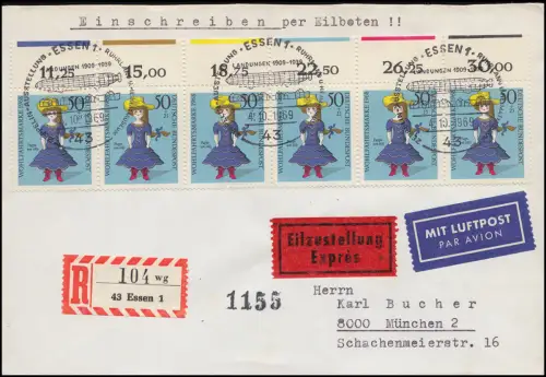 574 Puppen: 6er-Oberrand-Streifen mit Farbbalken R-Eil-Luftpost-Brief ESSt Essen