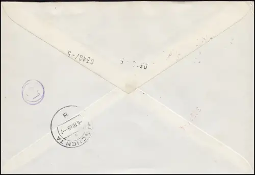 574 Puppen: 6er-Oberrand-Streifen mit Farbbalken R-Eil-Luftpost-Brief ESSt Essen