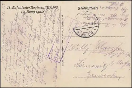 Feldpost BS 18. Infanterie-Regiment Nr. 192 FELDPOST 55 - 14.12.15 auf Kriegs-AK