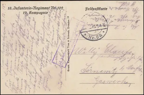 Poste de terrain BS 18. Régiment d'infanterie n° 192 FELDPOST 55 - 14.12.15 sur AK de guerre