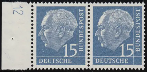 184y DZ Heuss 15 Pf lumogen- Randpaar Druckerzeichen DZ 12 positiv ungefaltet **