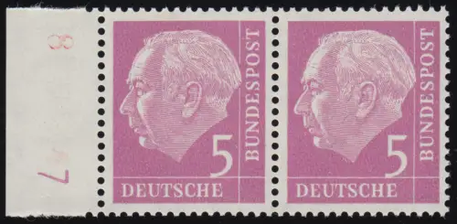 179a DZ Heuss 5 Pf lumogène - Paire de bordures de caractères d'imprimante D Z 7 positif, non plié **