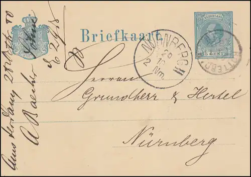 Niederlande Postkarte P 9 Wilhelm ROTTERDAM 28.10.1880 nach NÜRNBERG 20.10.80