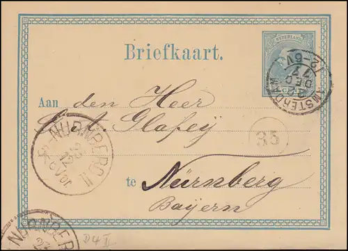 Pays-Bas Carte postale P 4II Wilhelm AMSTERDAM 22.12.1877 vers NÜRNBERG 23.12.