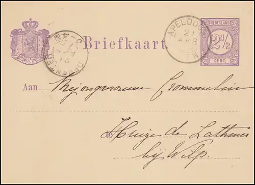 Pays-Bas Carte postale P 8I chiffre d'APELDOORN 21.4.1879 vers DEVRENTER 21.4.