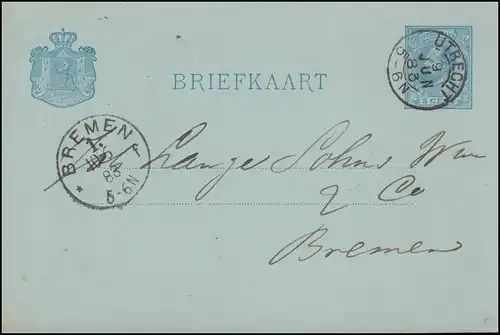 Pays-Bas Carte postale P 13 Wilhelm de UTrecht 9.6.1883 vers BREMEN 10.6.83