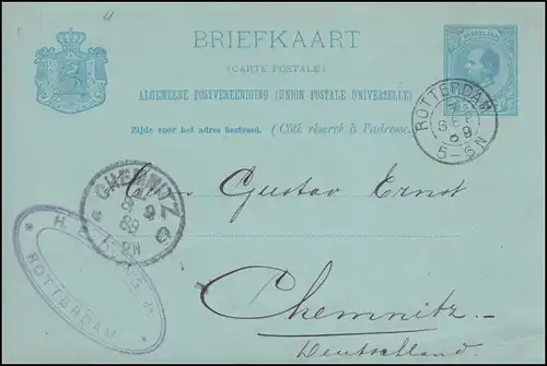 Pays-Bas Carte postale P 16 Wilhelm de ROTTERDAM 7.9.1889 vers CHEMNITZ 8.9.89