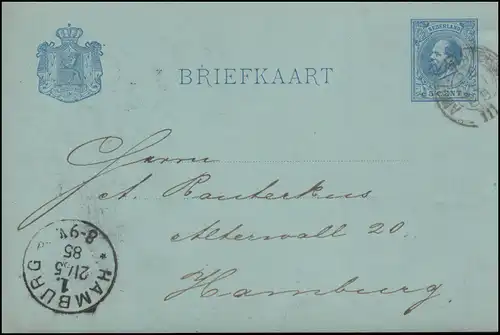 Bahnpost Amsterdam-Winterswijk 20.5.1885 auf Postkarte P 13 nach HAMBURG 21.5.85