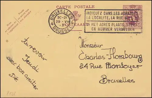 Belgien Postkarte P 138 Wappenlöwe 40 C. Ortskarte BRUXELLES-BRÜSSEL 4 - 29.7.30