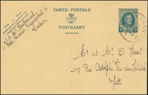 Belgien Postkarte P 112 König Albert 35 C. LAKEN / LAEKEN 21.11.1929 nach Jette