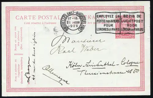 Belgien Postkarte P 77 König Albert - Seltener Luftpost-Stempel BRÜSSEL 21.8.22