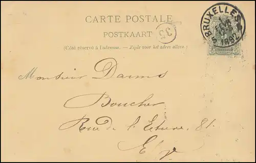 Belgien Postkarte P 22II Ziffer aus BRÜSSEL / BRUXELLES 1.2.1892