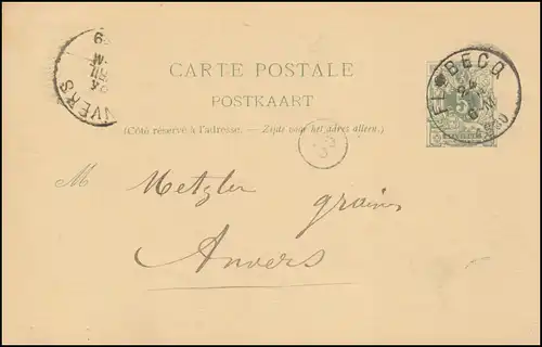 Belgien Postkarte P 22I Ziffer aus FLOBECQ 24.4.1889 nach ANVERS 24.4.89