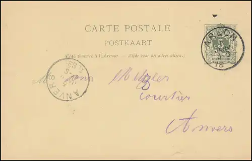 Belgien Postkarte P 22I Ziffer aus ARLON 5.1.1888 nach ANVERS 5.1.88